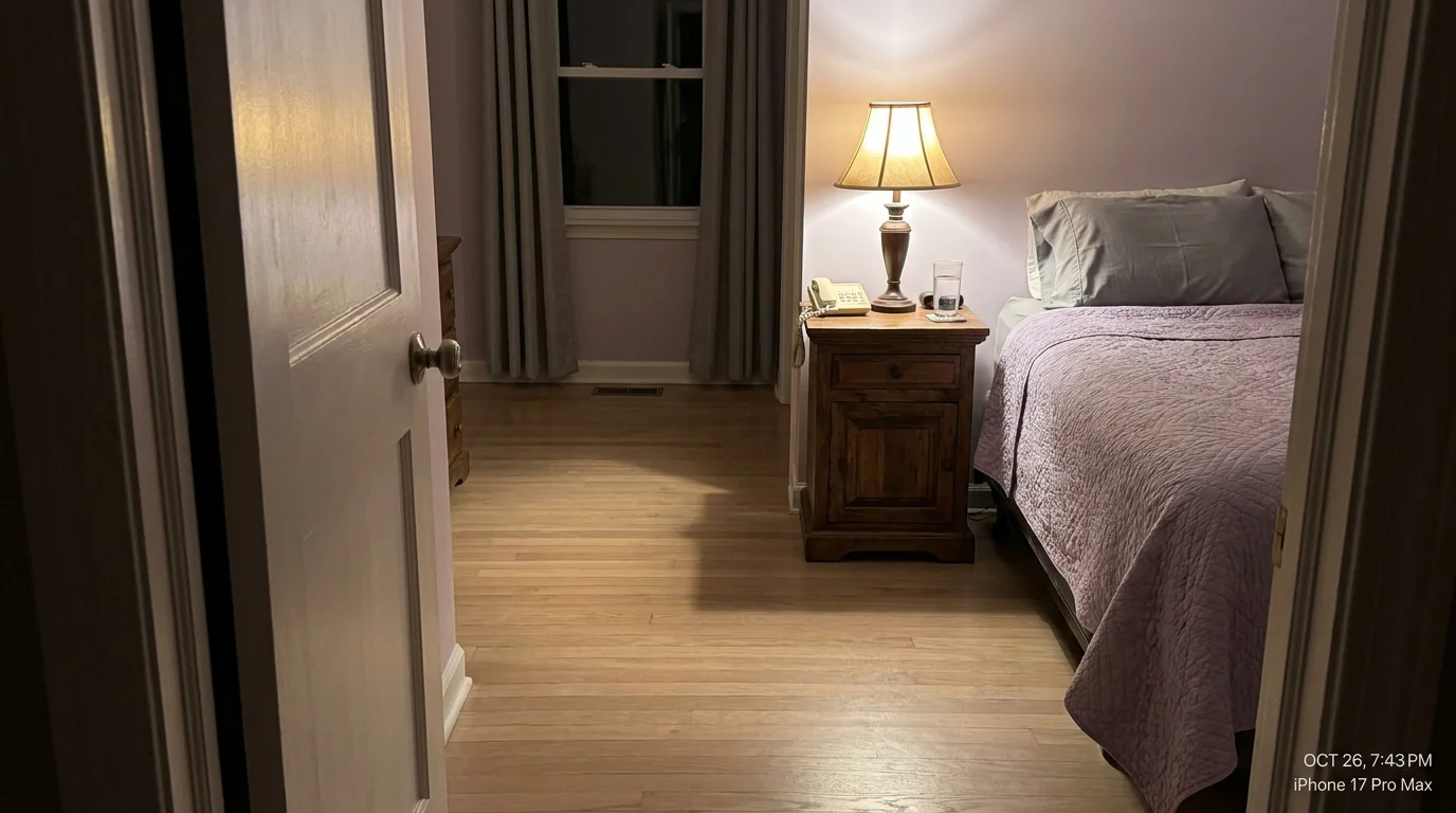 A bedroom view showing a clear walking path from the bed to the door and a bedside lamp providing bright light.