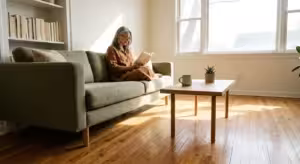 A clean, bright living room with a woman sitting comfortably on a sofa, showing a decluttered and safe home environment.
