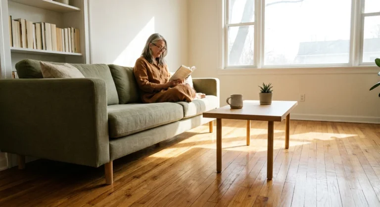 A clean, bright living room with a woman sitting comfortably on a sofa, showing a decluttered and safe home environment.