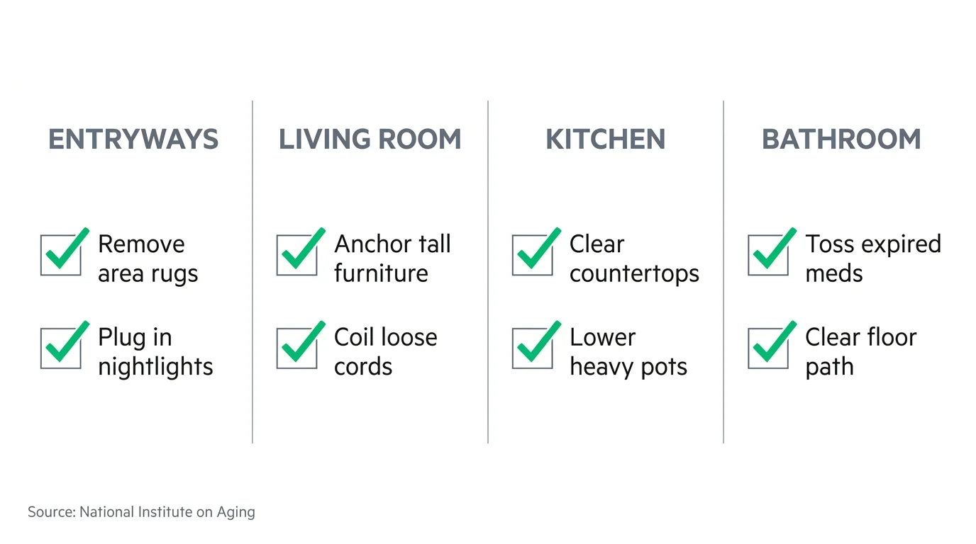 A clean checklist infographic for home decluttering, including items like 'Remove area rugs' and 'Anchor tall furniture'.