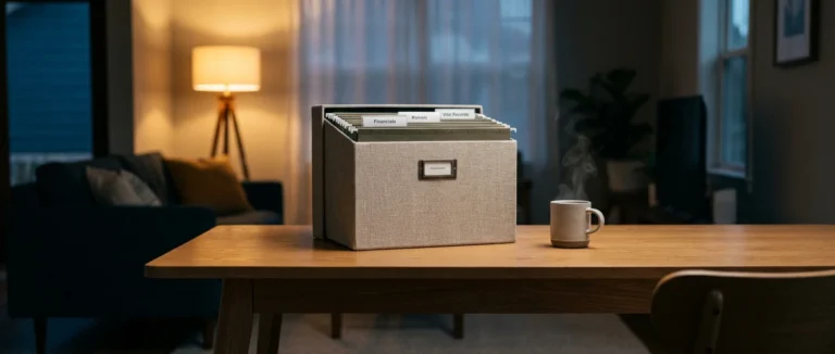 A clean, organized home office desk with a neat file box and a steaming mug, bathed in warm evening light.