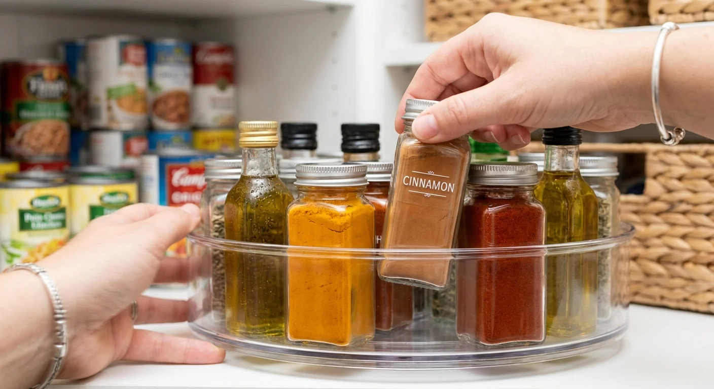 A clear acrylic turntable in a pantry being rotated to access spices, showing how it prevents items from getting lost.