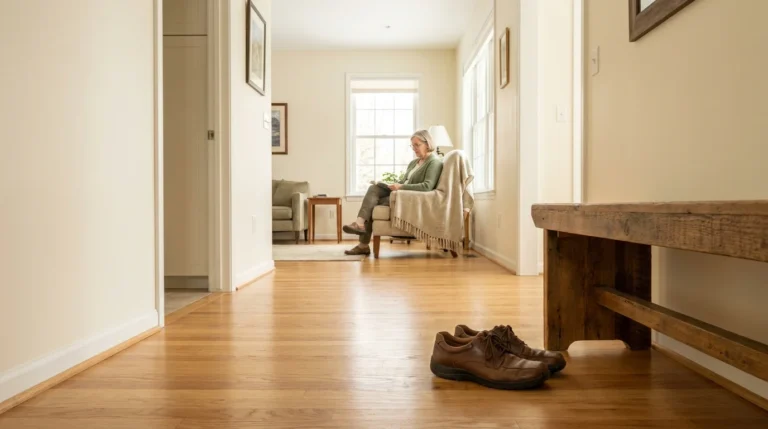 A clear, well-lit home entryway and living room with a senior woman sitting in the distance, emphasizing open floor space and no rugs.