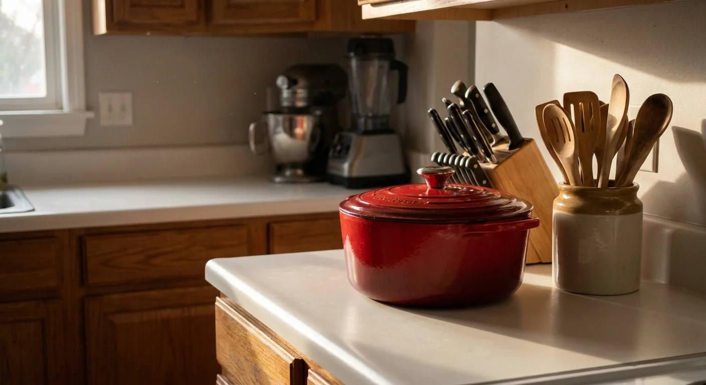 A close-up of a kitchen counter with a heavy pot and cooking utensils placed at an easy-to-reach height.