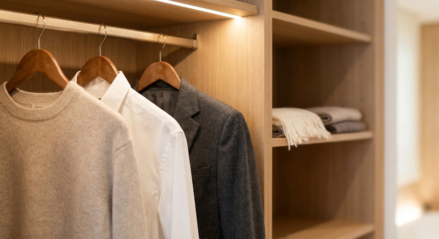 A close-up of a neatly organized closet with a few high-quality garments on wooden hangers.