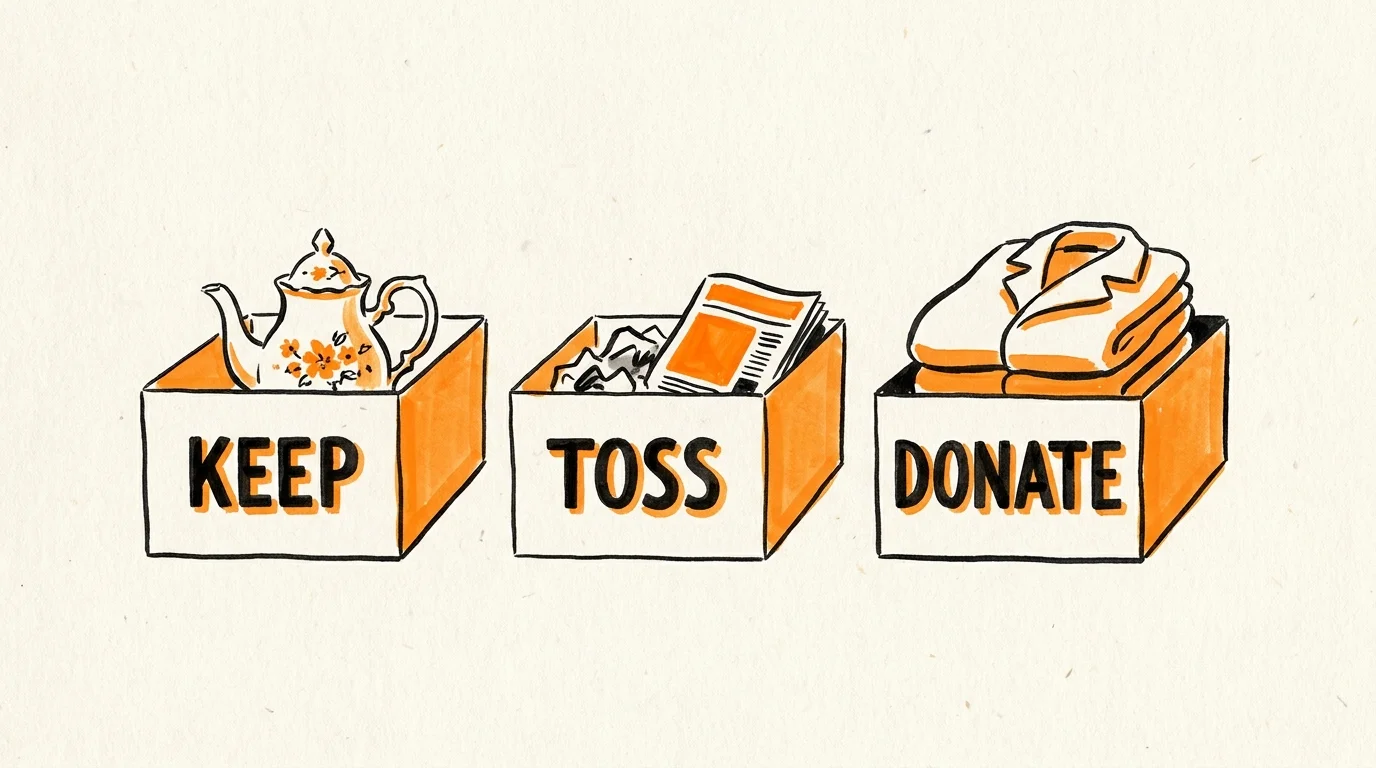A conceptual illustration of three boxes labeled Keep, Toss, and Donate, each containing a single item.