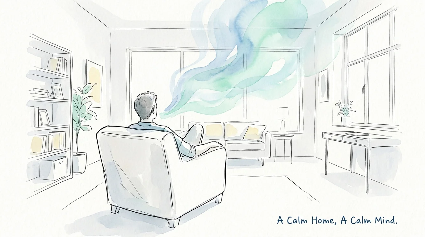 A conceptual watercolor illustration of a person relaxing in a clean, open room, symbolizing mental peace.