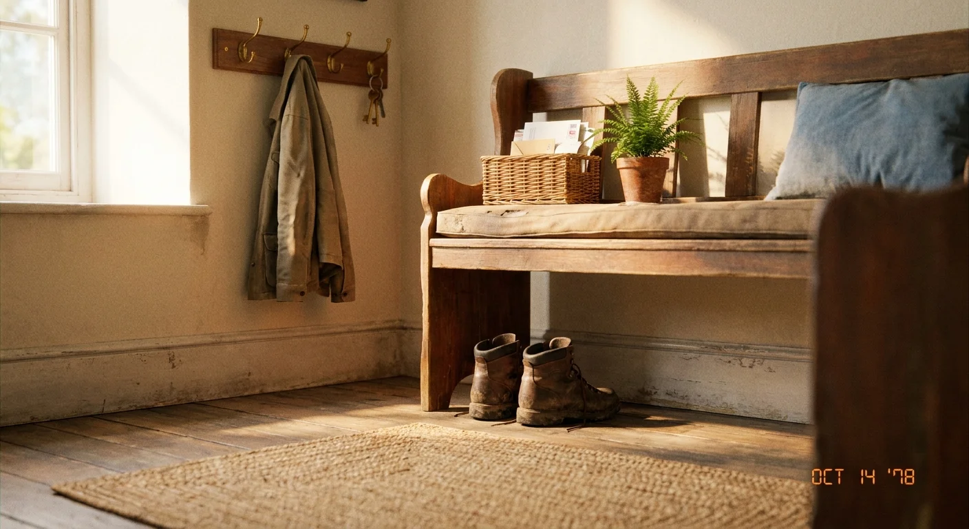 A cozy entryway with a wooden bench, key rack, and mail basket, showing an organized 'drop zone' for daily items.