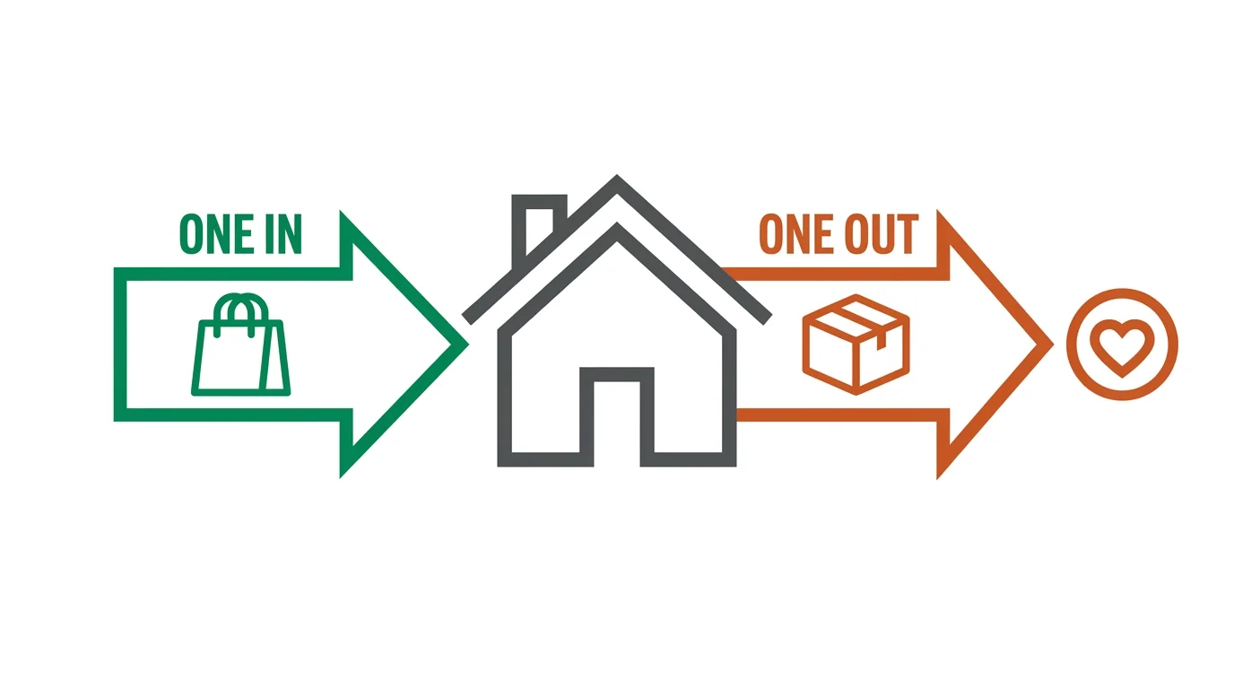 A diagram showing the 'One In, One Out' rule where one new item entering a house is balanced by an old item leaving.