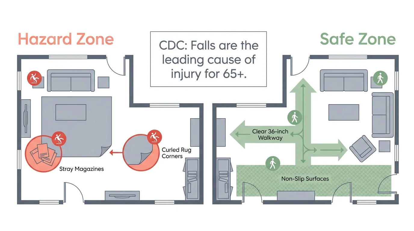 A floor plan diagram contrasting fall hazards like floor clutter with safe, wide walking paths.