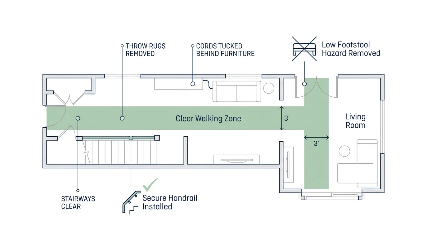 A floor plan diagram showing clear walking paths, secured rugs, and electrical cords tucked away for safety.