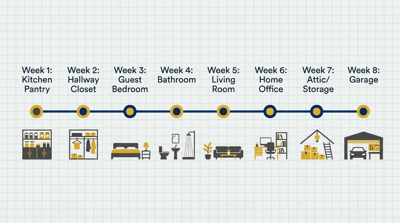 A horizontal 8-week timeline showing a different room to declutter each week, from kitchen to garage.