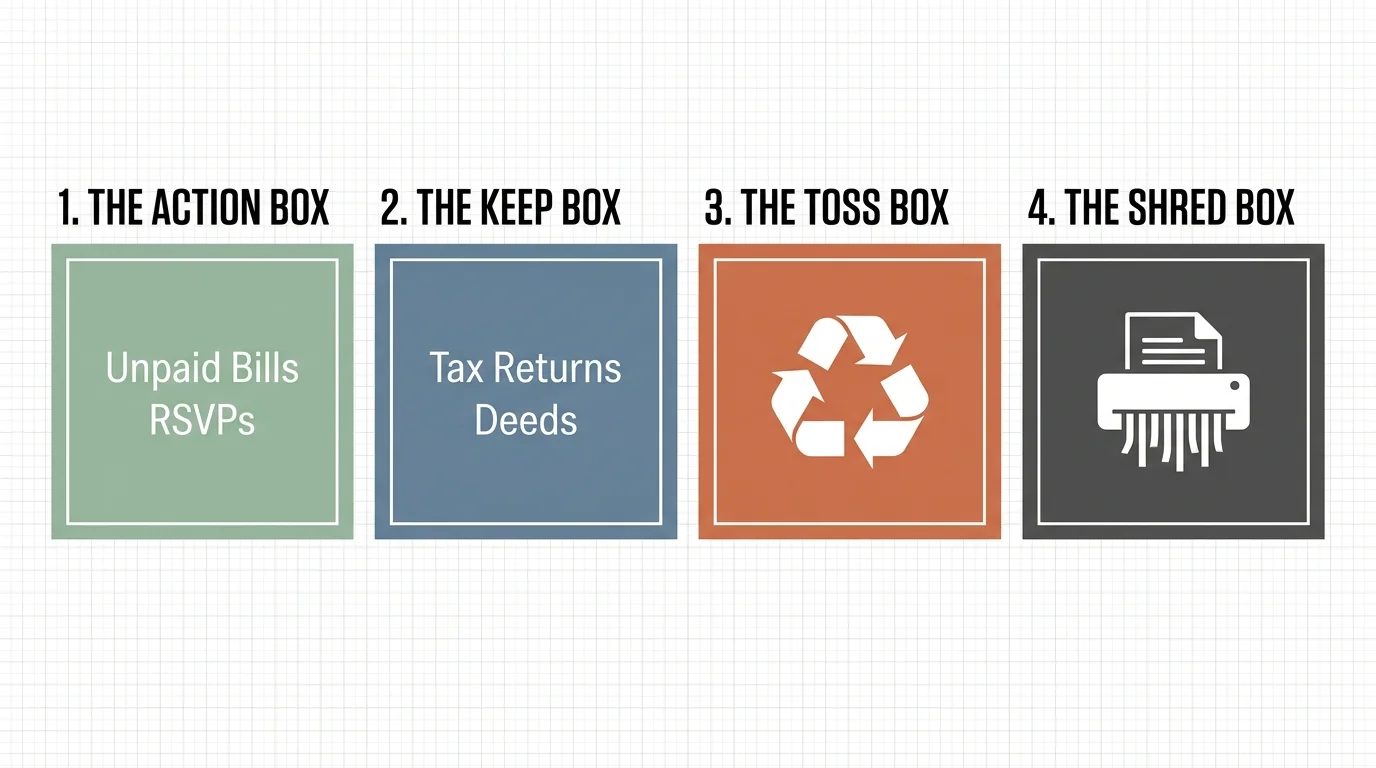 A horizontal diagram showing four labeled boxes for sorting paperwork: Action, Keep, Toss, and Shred.