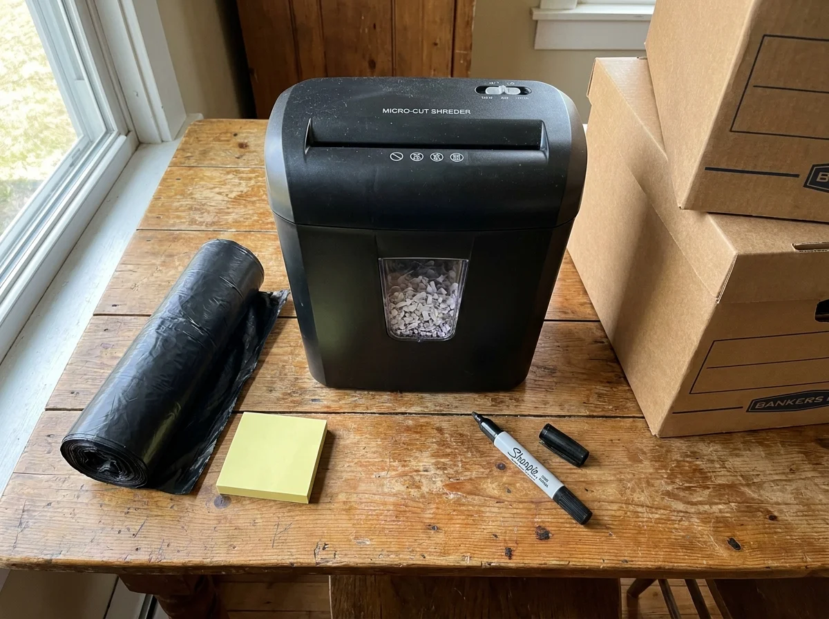 A kitchen table topped with a paper shredder, trash bags, bankers boxes, and sticky notes, ready for organizing.