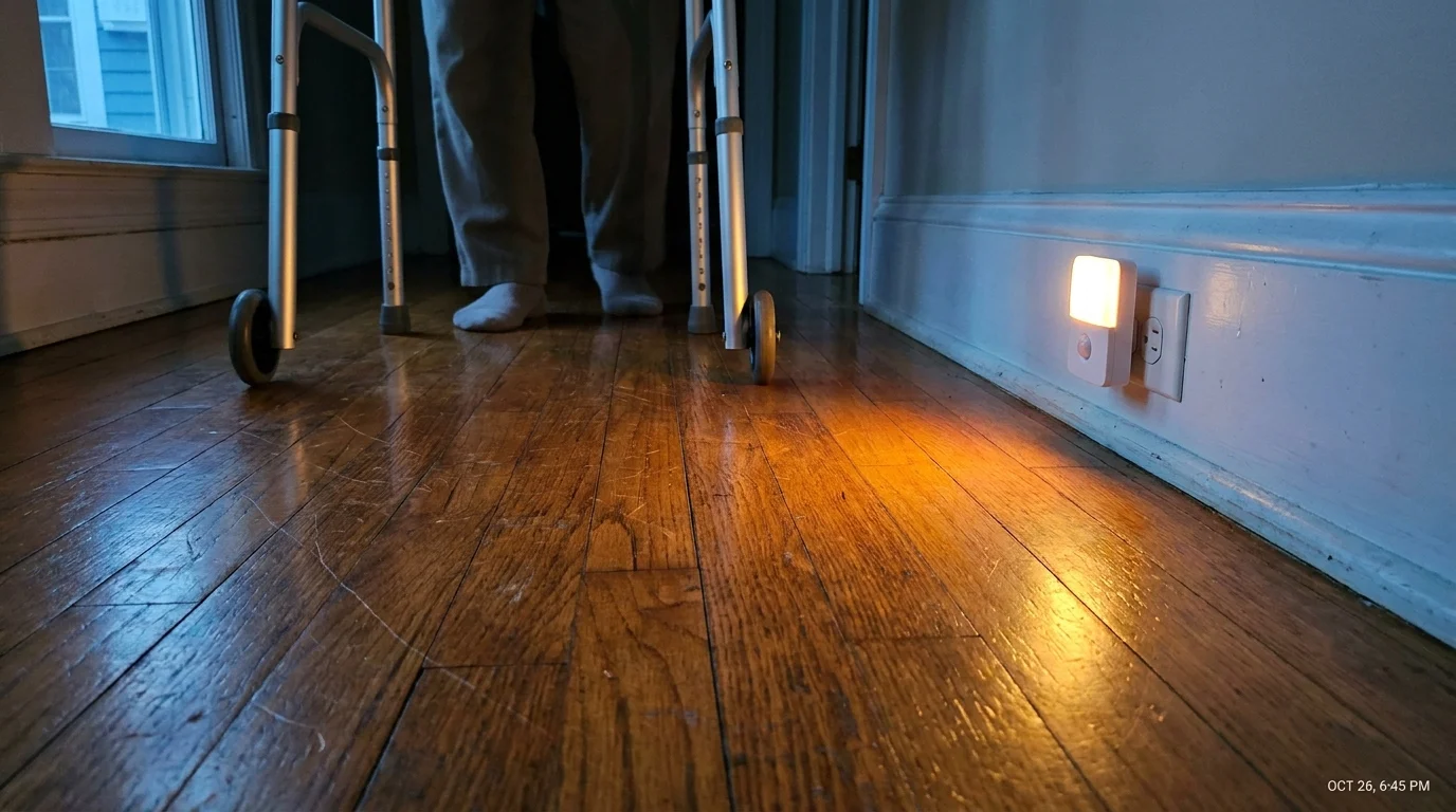 A low-angle photo of a clear hallway floor at night, illuminated by a motion-sensor nightlight on the baseboard.