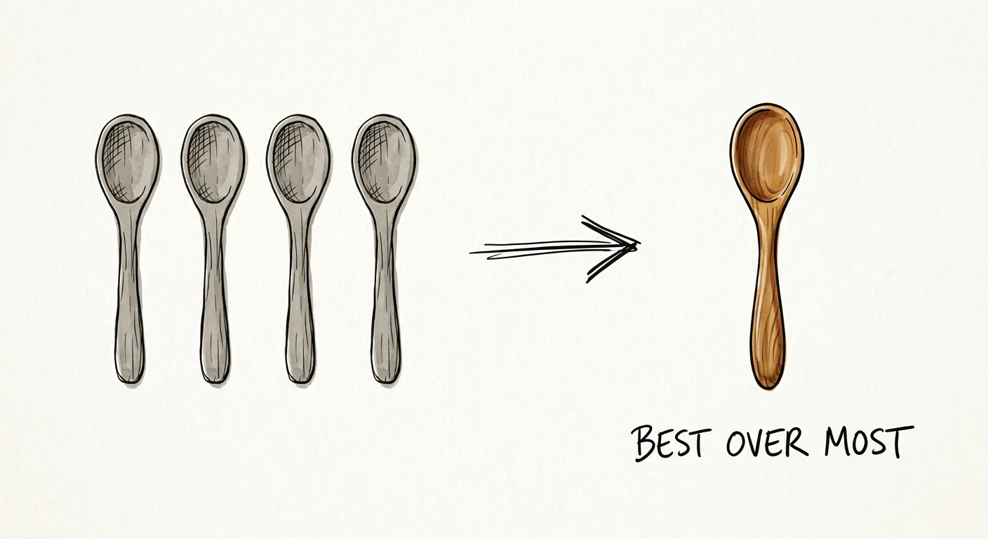 A minimalist illustration comparing a group of identical kitchen tools to a single, high-quality version.
