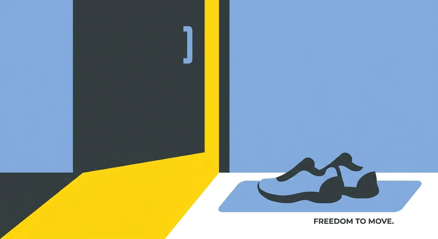 A minimalist illustration of a pair of shoes by a door, symbolizing the freedom of a simplified life.
