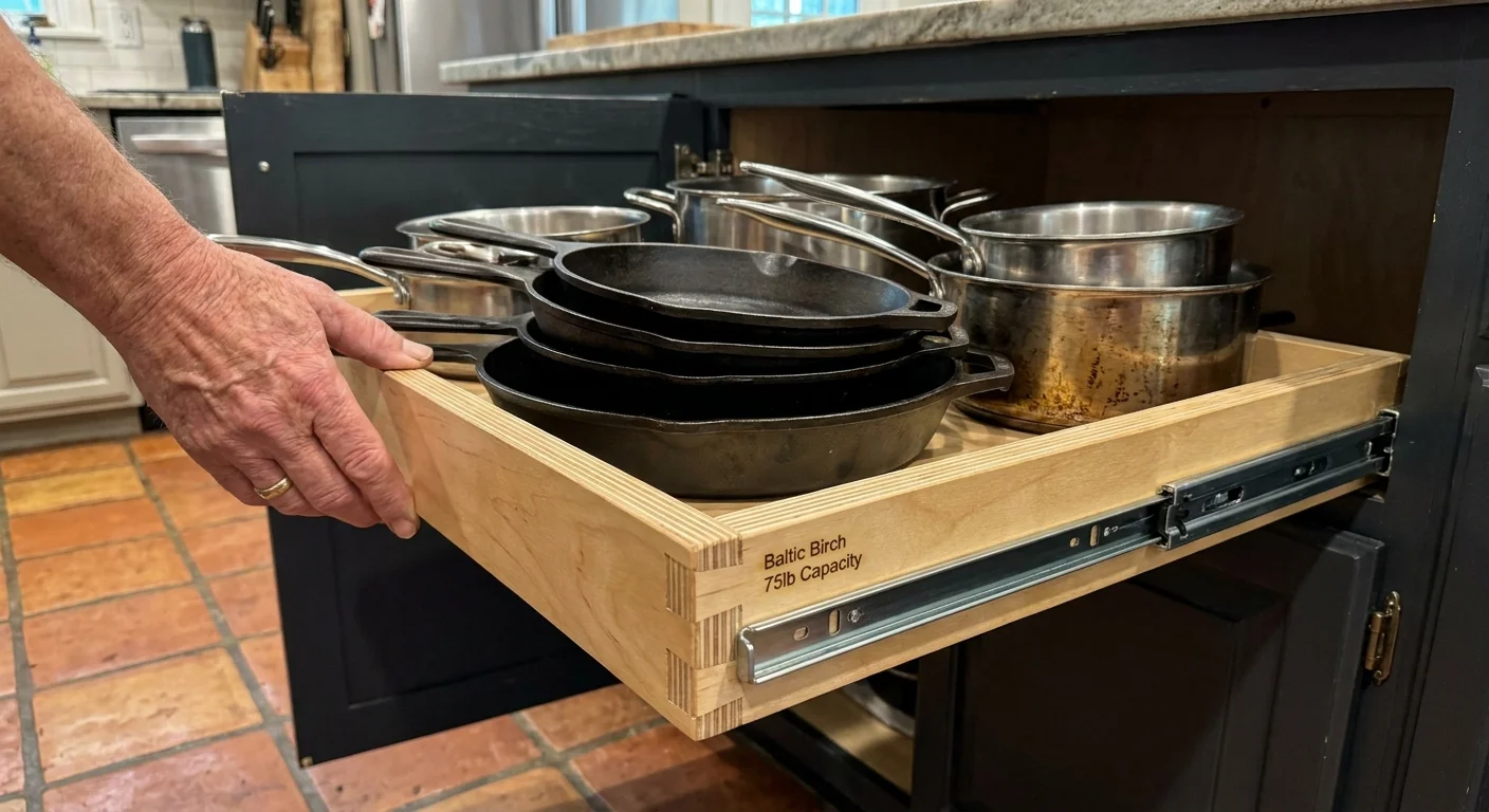 A person pulling out a wooden slide-out cabinet shelf filled with heavy pots, demonstrating easy access without bending.