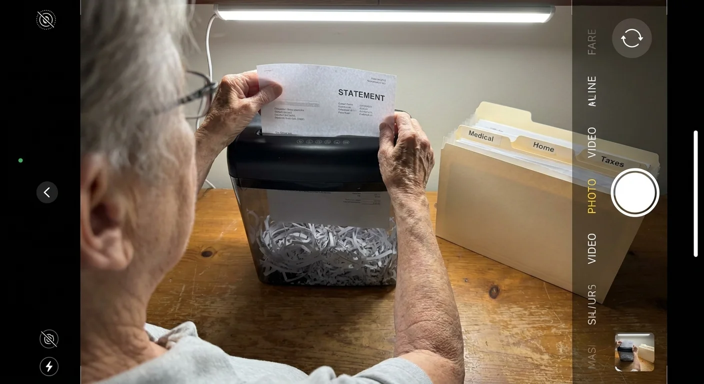 A person shredding old documents at a desk to reduce paper clutter and organize important files.