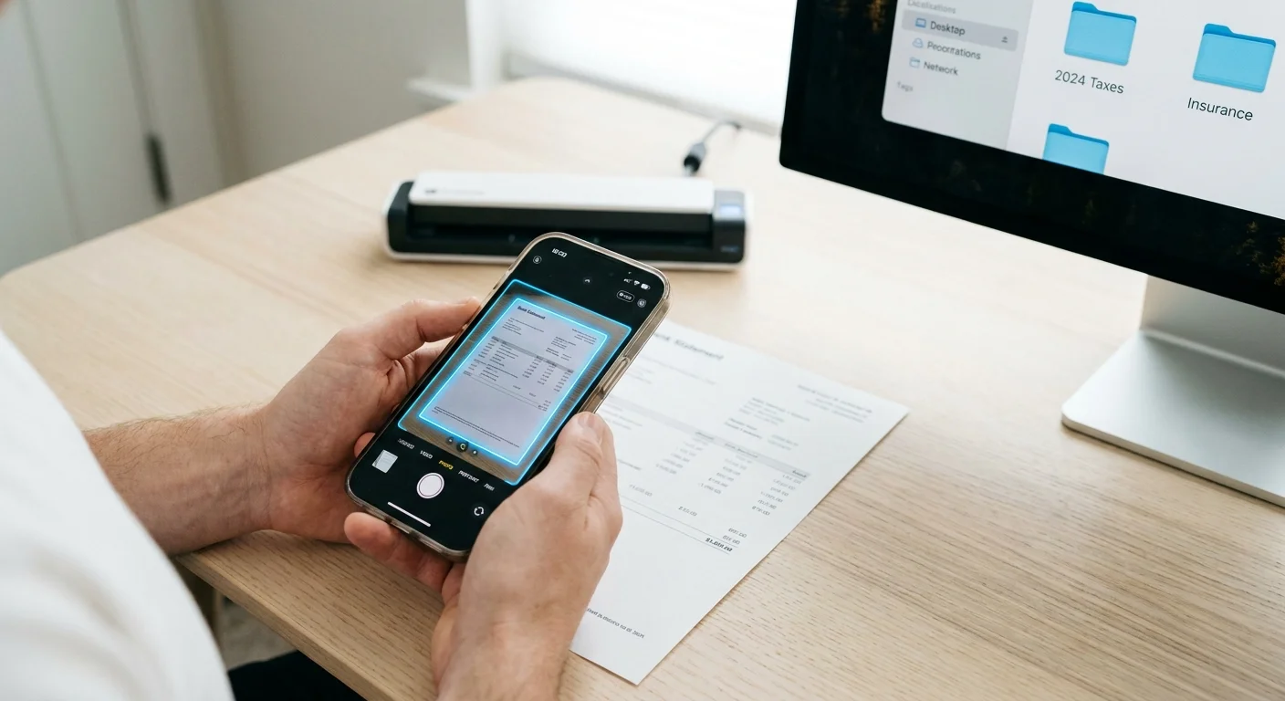A person using a smartphone app to scan a paper document into a digital folder on their computer.