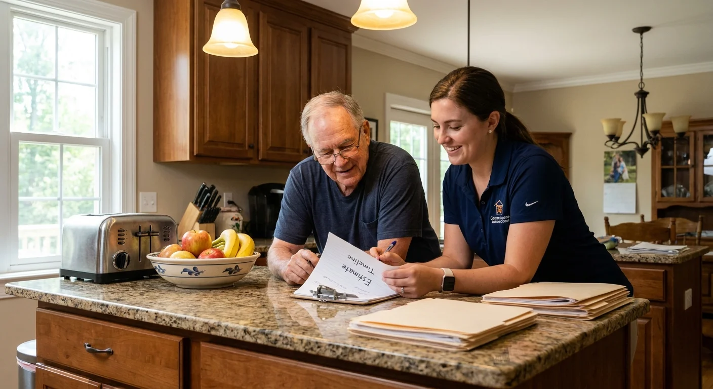 A senior man and a professional organizer reviewing a service estimate together in a kitchen.