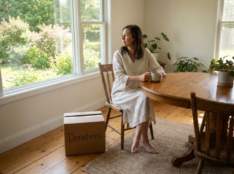 A senior woman sitting peacefully in a decluttered, sunlit room next to a single donation box.