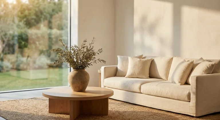 A serene and sunlit minimalist living room with a linen sofa and oak furniture, representing a calm, organized home environment.