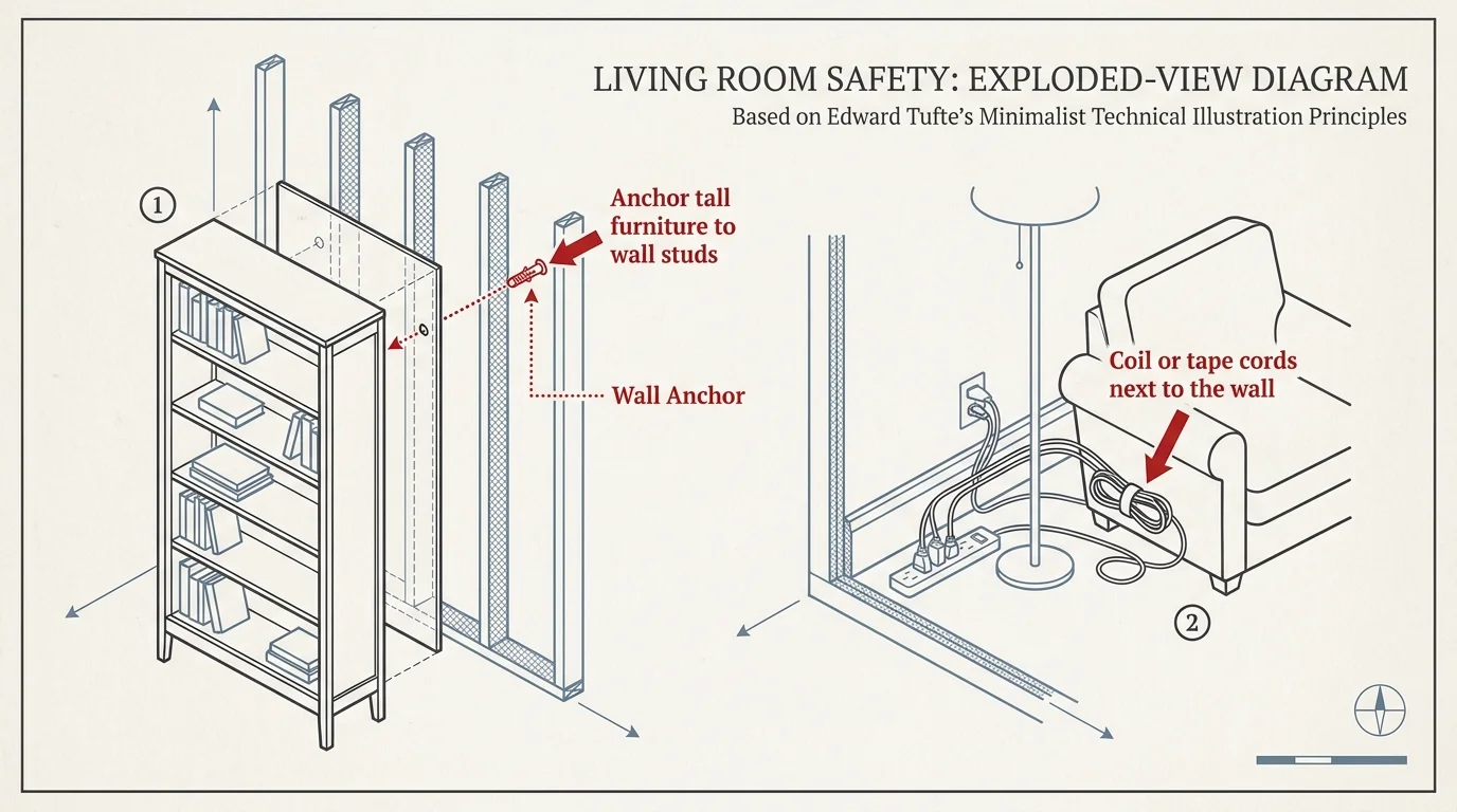 A technical diagram showing how to anchor bookshelves to wall studs and coil electrical cords safely against the wall.