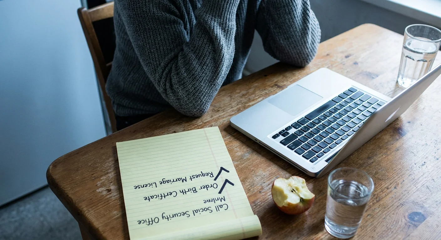 A top-down photo of a person at a laptop with a handwritten checklist for replacing lost documents.