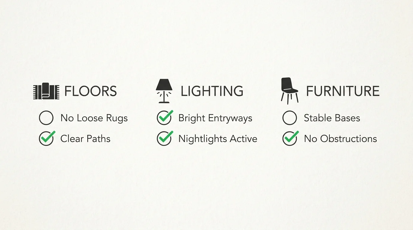 A visual safety checklist for the home with items like 'No Loose Rugs' and 'Clear Paths' checked off.