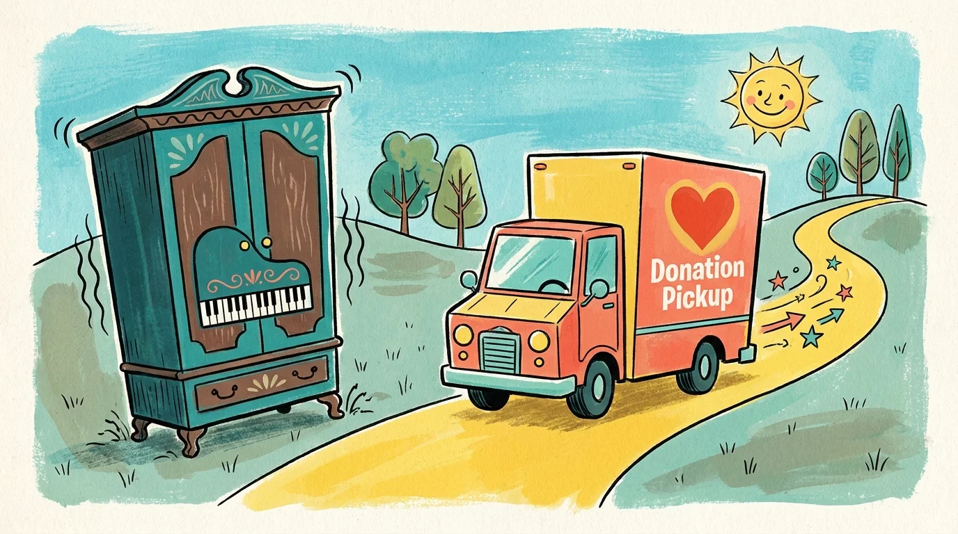 An artistic illustration of a donation truck picking up a heavy piece of furniture from a house.