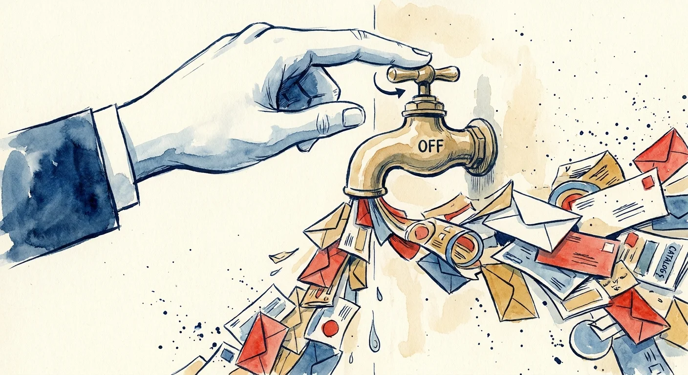 An editorial illustration showing a hand turning off a faucet that is pouring out junk mail and envelopes.