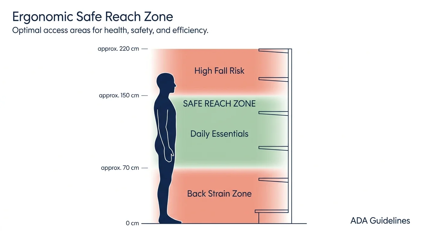 An ergonomic diagram highlighting the safe reach zone between thigh and shoulder height to prevent falls and strain.