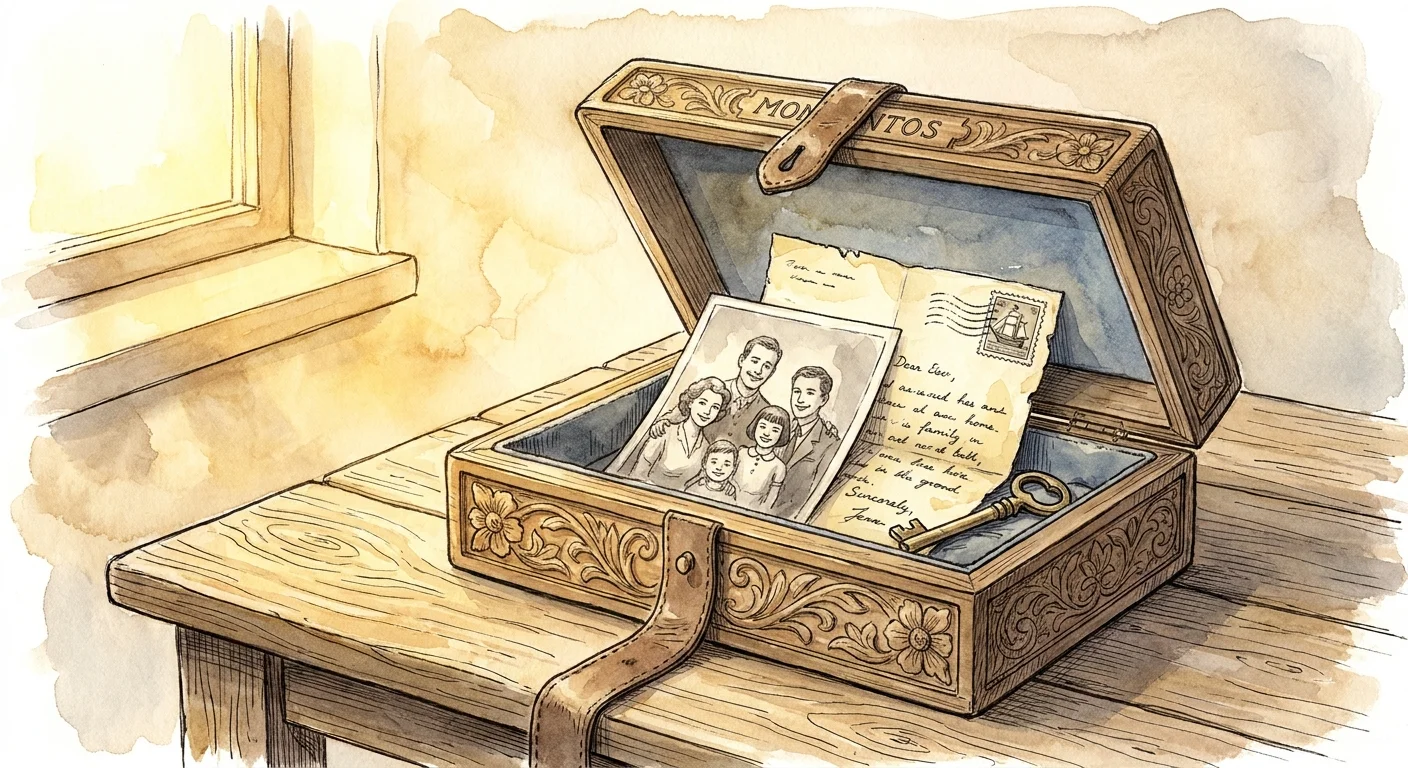 An illustration of a beautiful wooden memory box containing a few sentimental items like a photo and a letter.