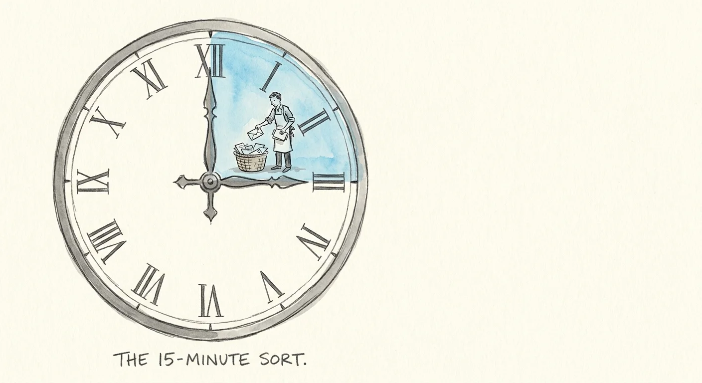 An illustration of a clock with a 15-minute section highlighted, showing a person doing a quick cleaning task.