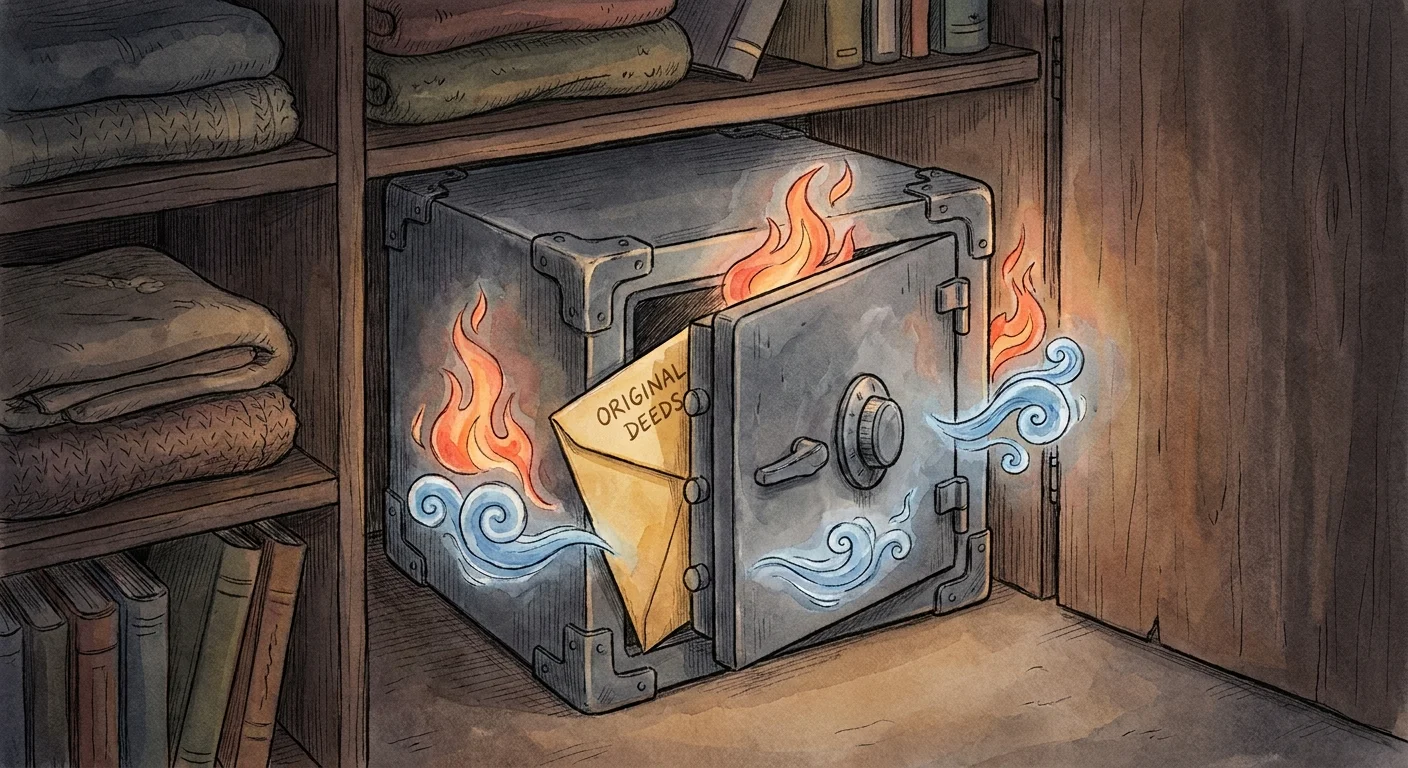 An illustration of a fireproof safe on a shelf, showing symbolic fire and water being repelled by its walls.