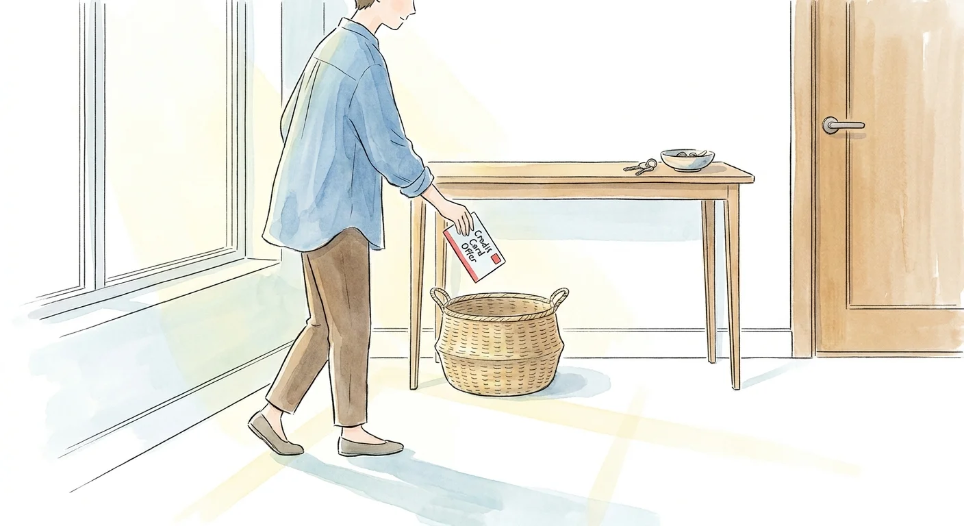 An illustration of a person calmly tossing junk mail into a recycling bin as soon as they enter their home.