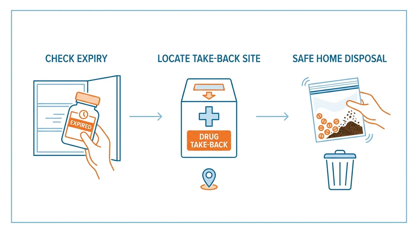 An infographic showing the steps to safely identify and dispose of expired medications.