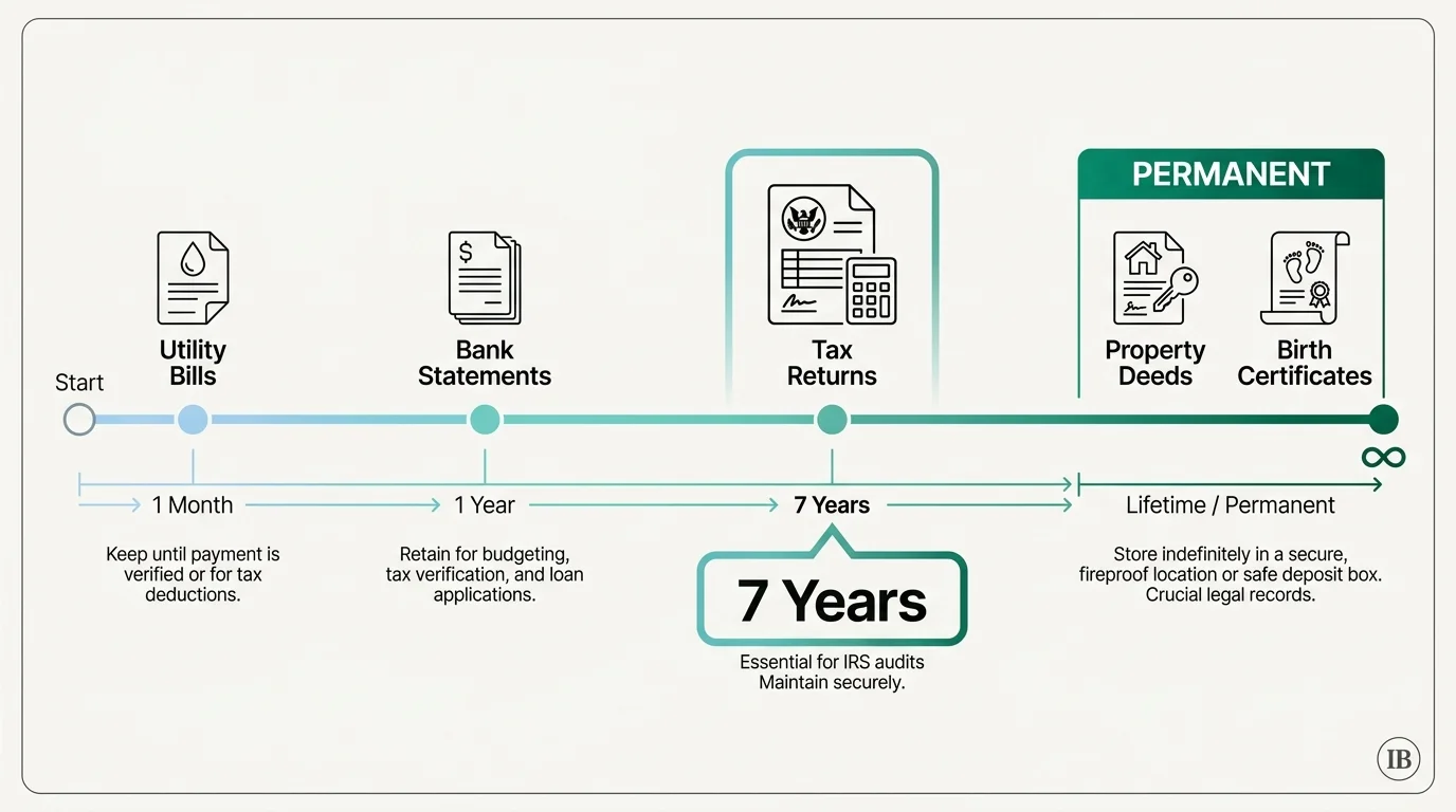 An infographic timeline showing retention periods for documents, ranging from one month to permanent.