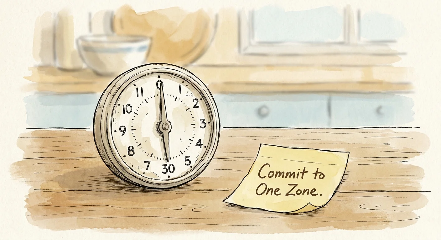 An ink and watercolor drawing of a kitchen timer set to 30 minutes next to a 'Commit to One Zone' note.