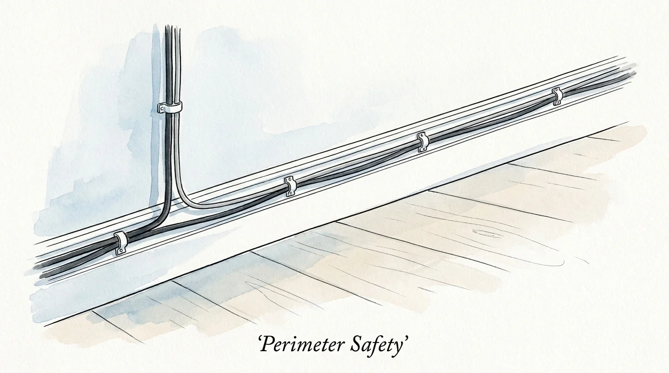 An ink and watercolor illustration of electrical cords neatly clipped along a baseboard to prevent tripping hazards.