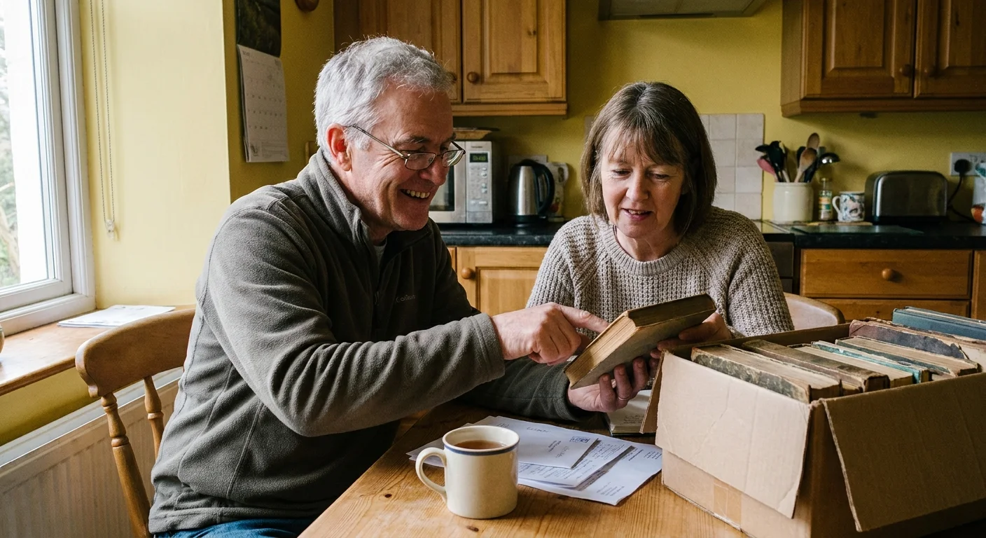 An older man and a younger woman sitting at a table together, going through a box of items and talking.