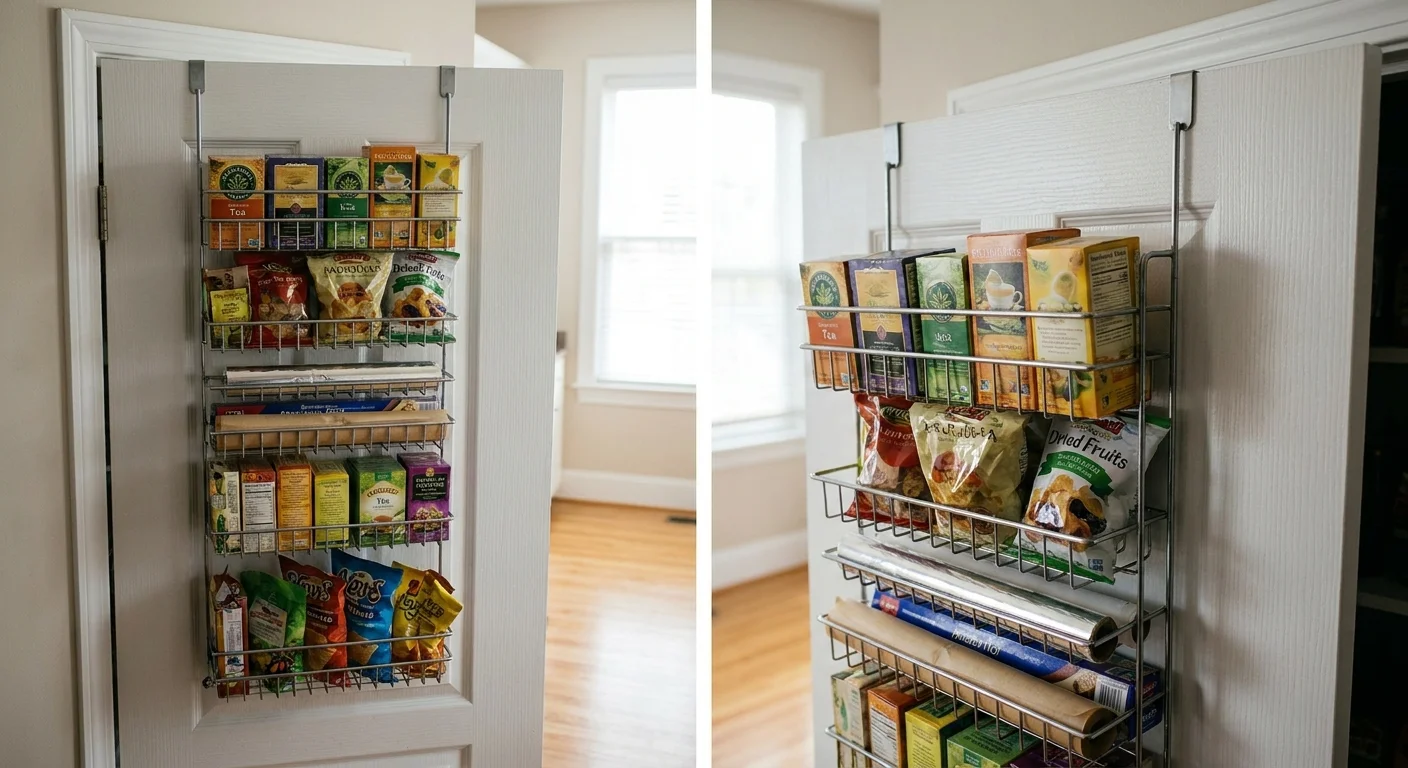 An over-the-door wire rack filled with pantry items, showing a clever use of vertical space that keeps the floor clear.