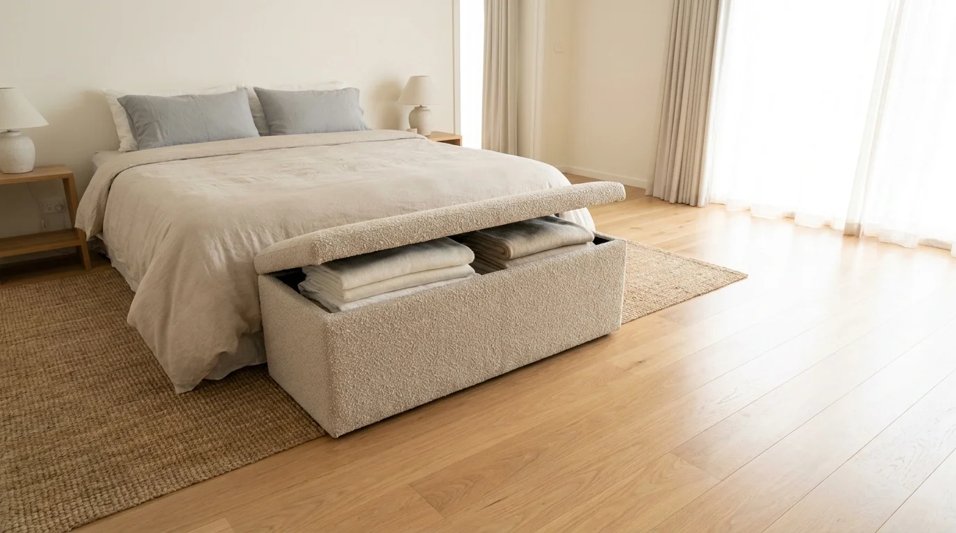 An upholstered storage ottoman at the foot of a bed, open to reveal stored blankets, keeping the floor clear.