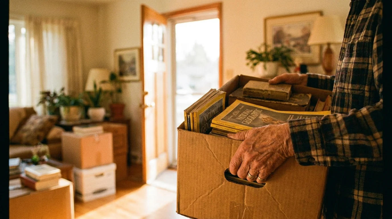 Close-up of a person carrying a box of items to donate out of a clean, bright home.