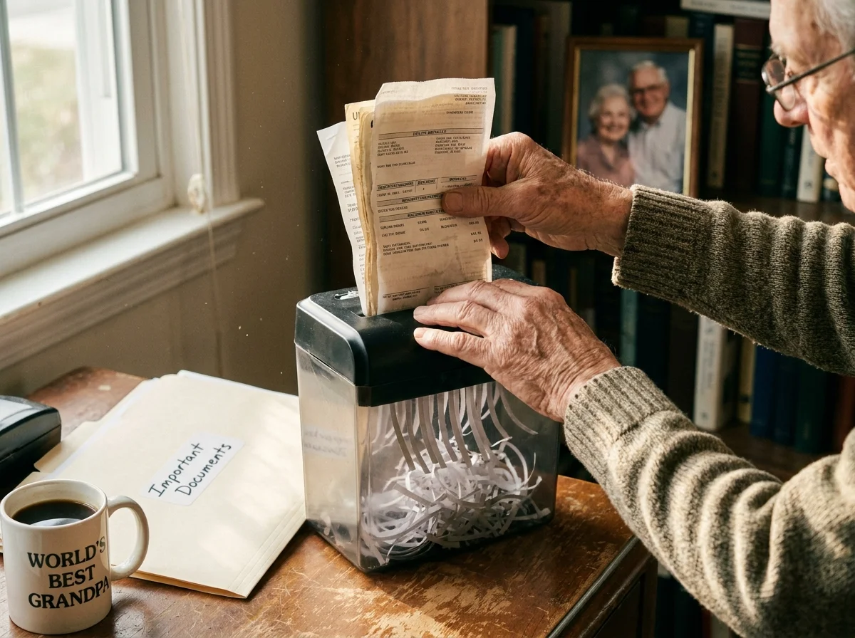 Close-up of a person shredding old papers at a home desk, with a folder for important documents nearby.