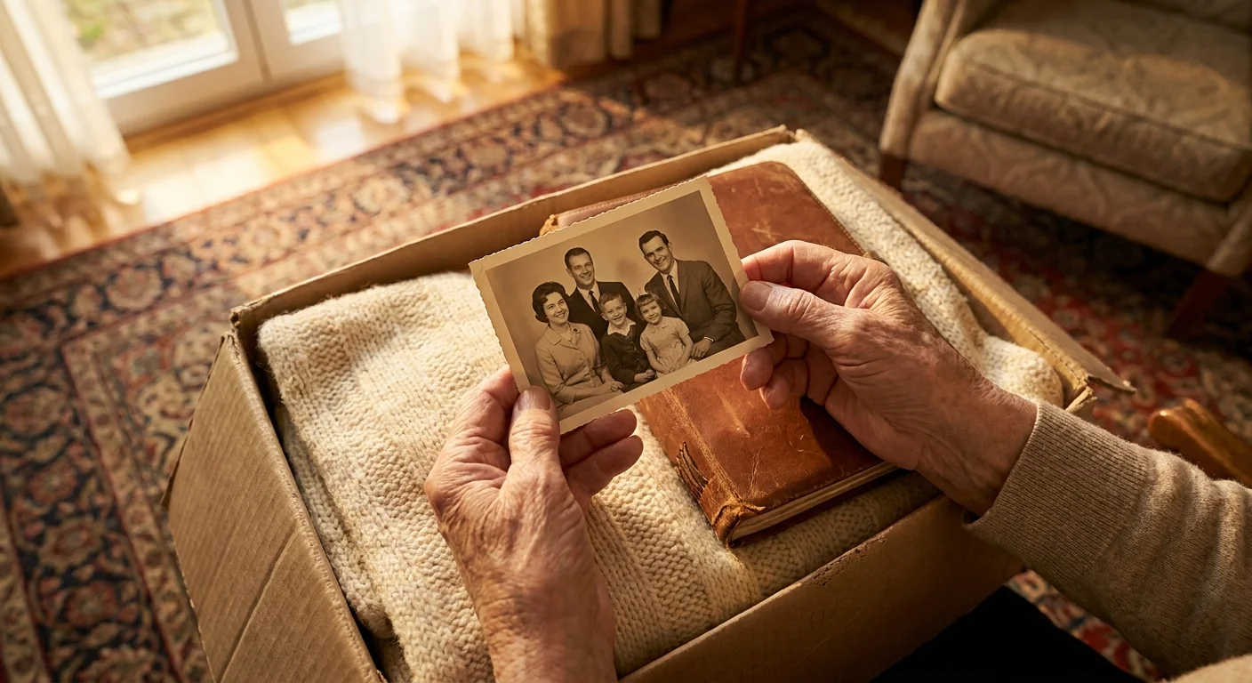 Close-up of a person's hands holding a vintage family photograph over a box of keepsakes.