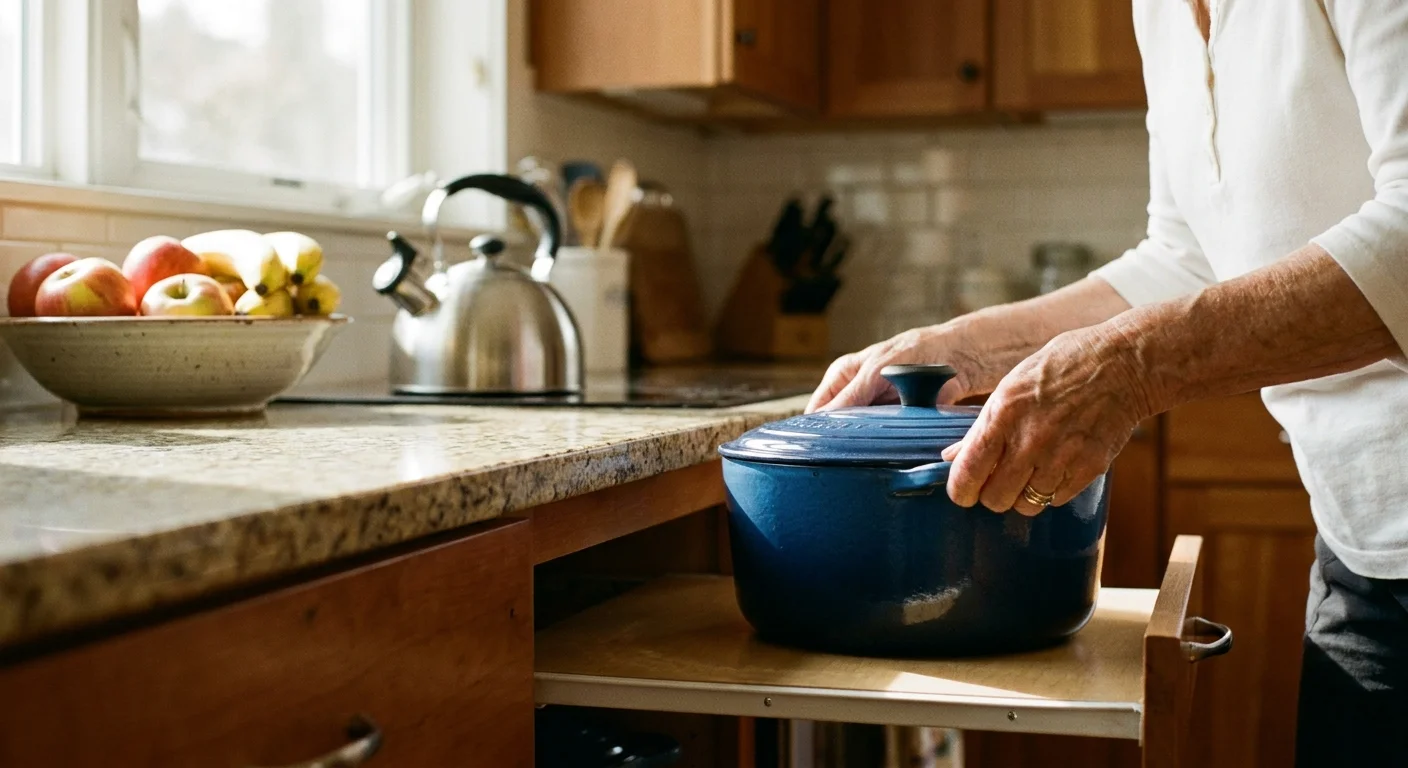 Close-up of a senior's hands placing a heavy pot on an easy-to-reach waist-high kitchen shelf.
