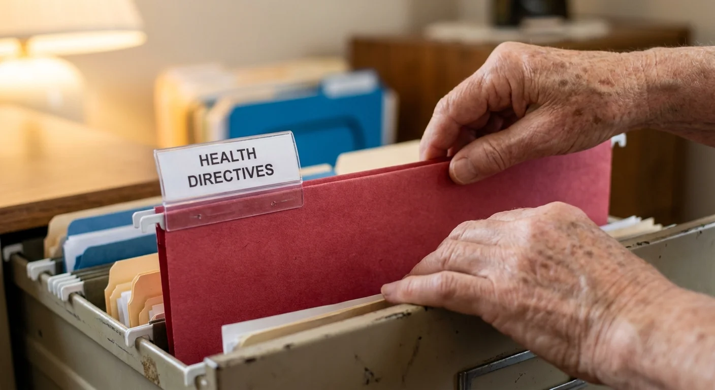 Close-up of an older person's hands filing a folder labeled 'Health Directives' in large, clear text.