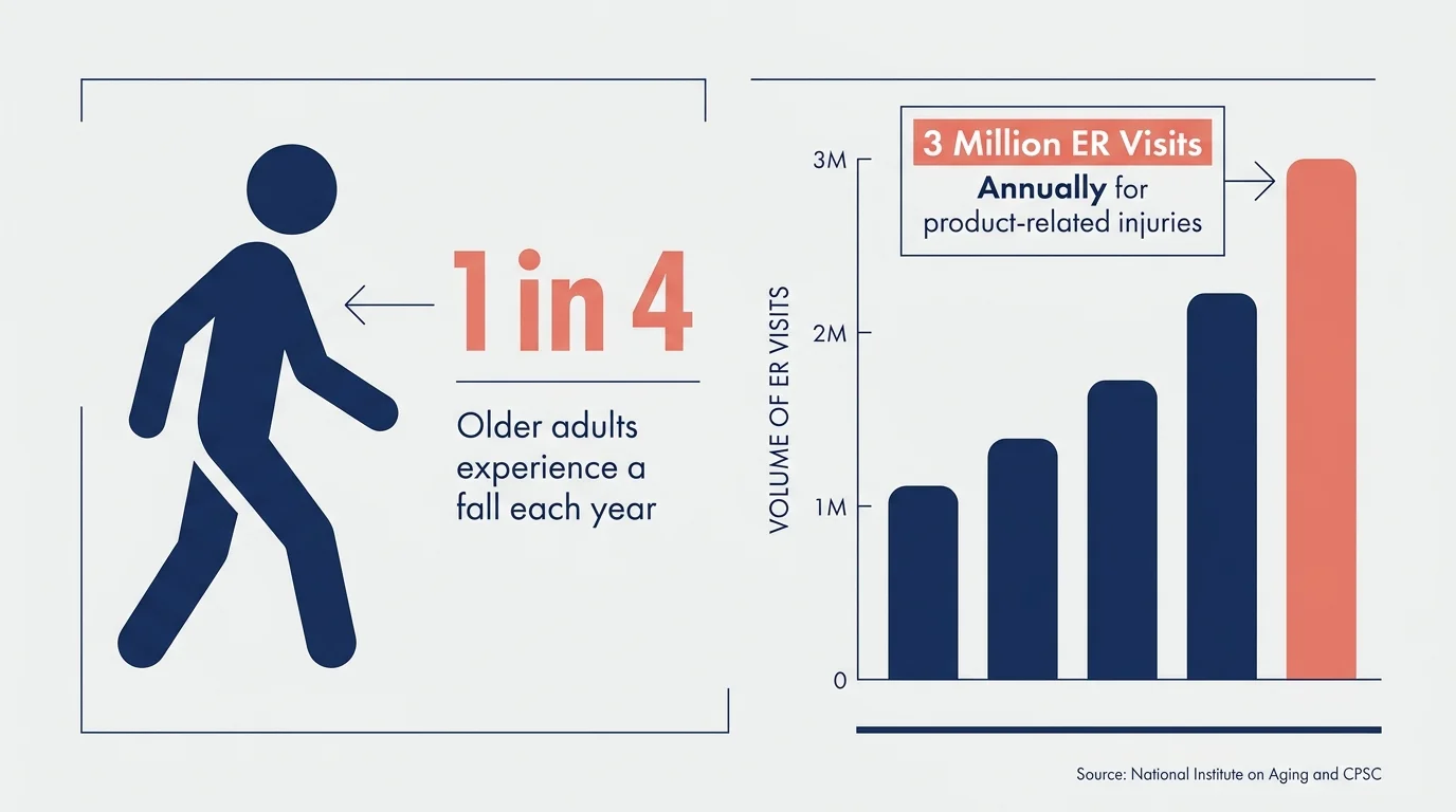Infographic showing that 1 in 4 older adults fall each year and 3 million visit the ER annually for home injuries.